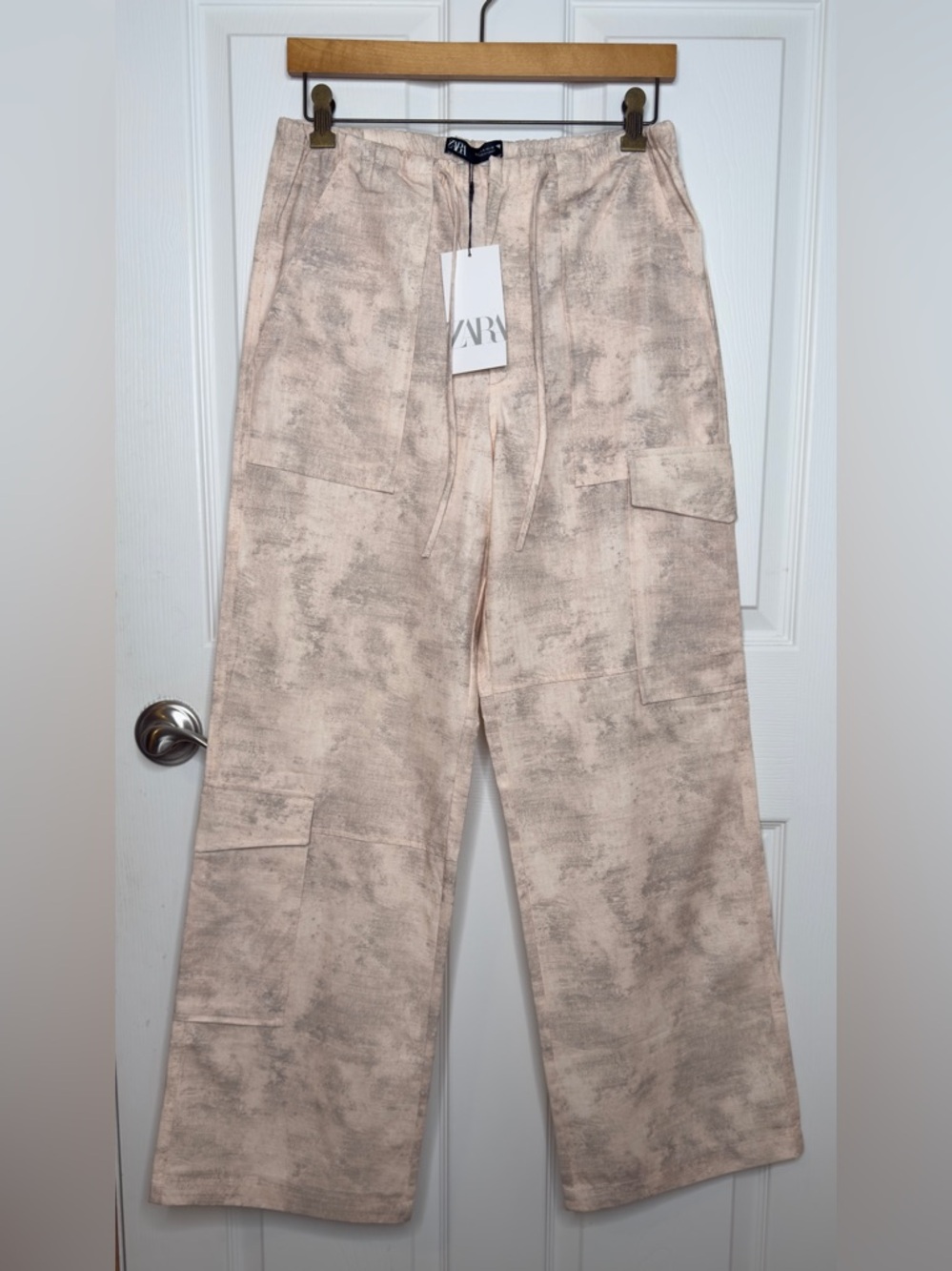 Zara Printed Cargo Pants Pink/White Wide Leg NWT Sz Small